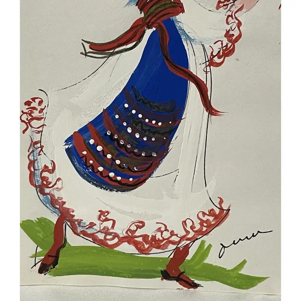 VTG Hand Painted Greeting Card w Envelope Woman Fruit Basket Folk Dress Mid OOAK